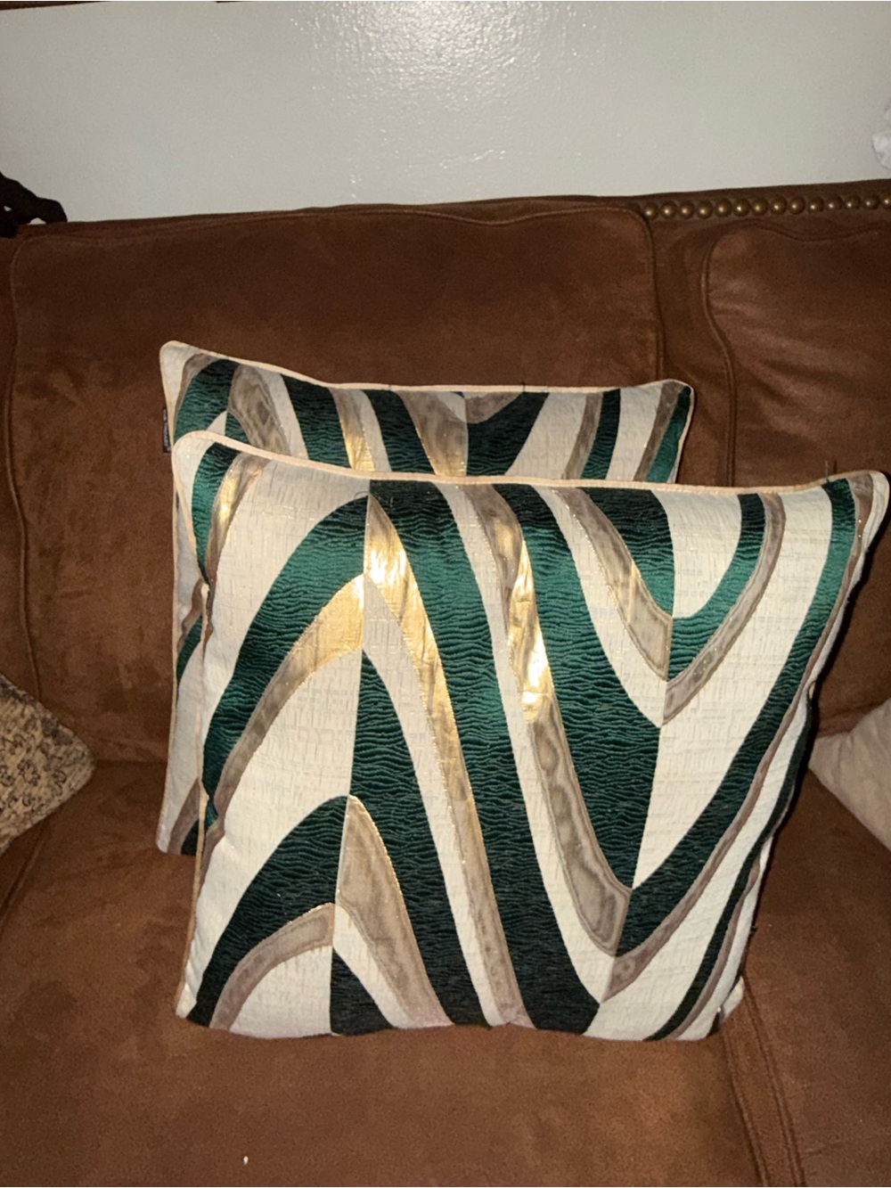 Emerald & Gold Wave Accent Pillow Pair
